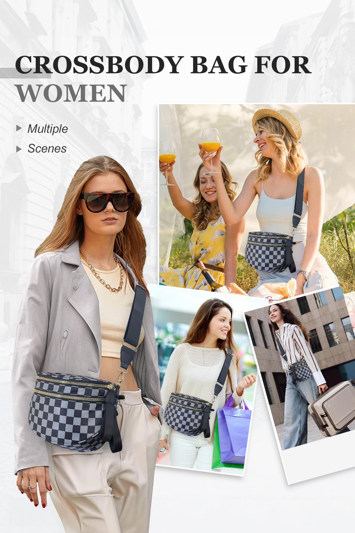 Green Checkered Print Wide Strap Large Crossbody Bag