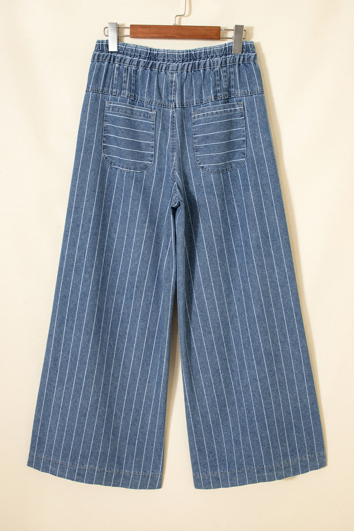Sky Blue Stripe Button Pleated Drawstring Waist Casual Wide Leg Jeans