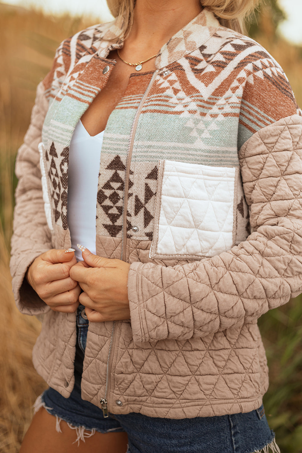 Light French Beige Aztec Quilted Patchwork Western Fashion Jacket
