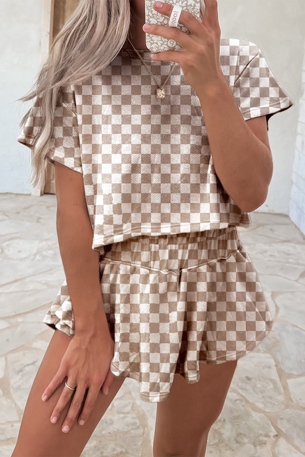 Brown Checkerboard T Shirt and High Waist Skorts 2 Piece Outfit