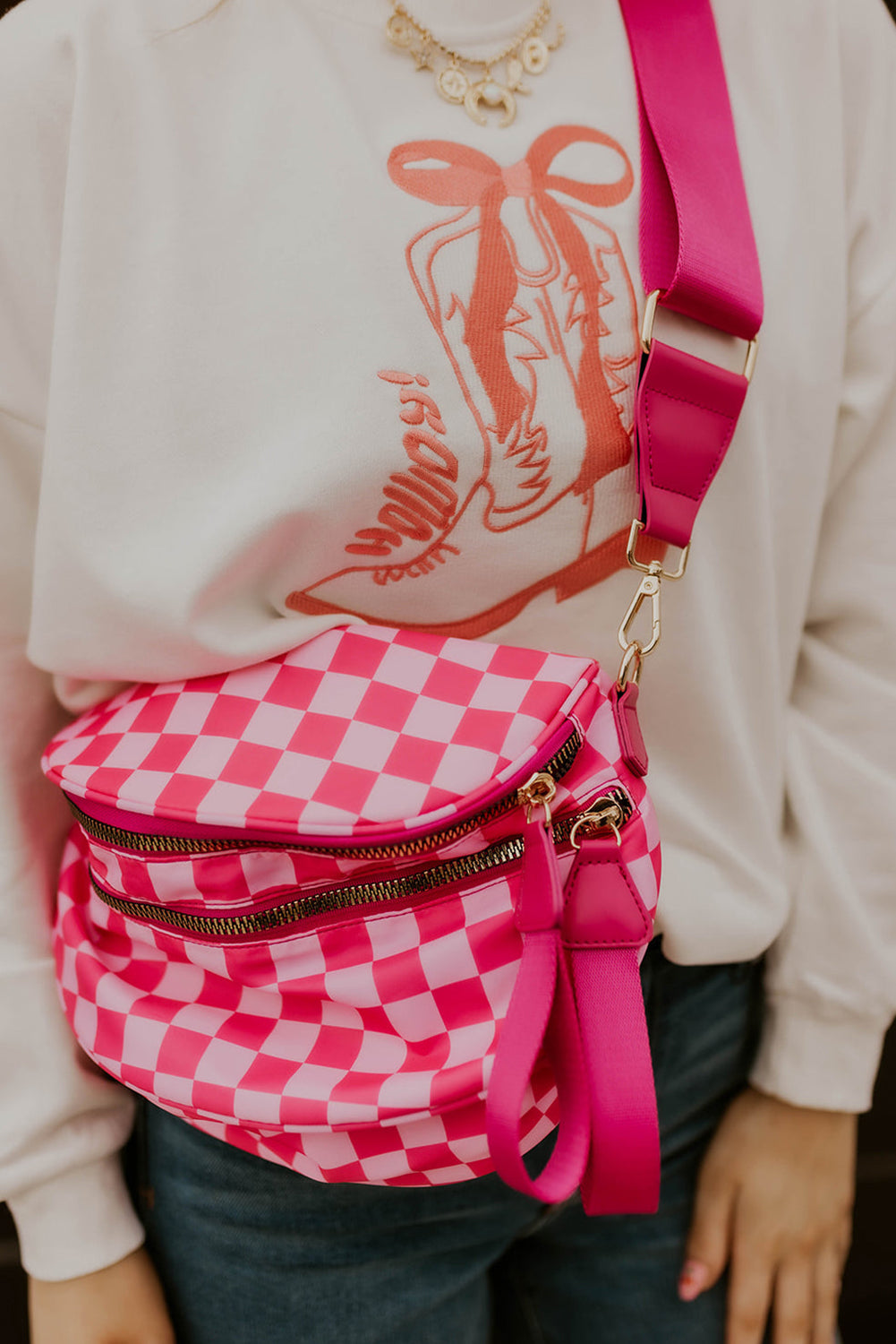 Green Checkered Print Wide Strap Large Crossbody Bag