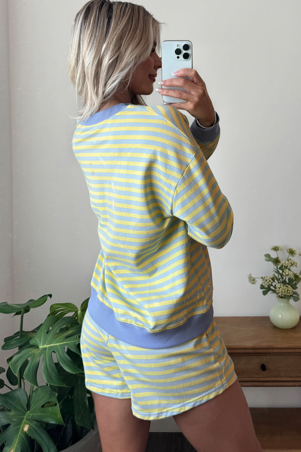 Green Stripe Color Block Detail Long Sleeve Pullover Elastic Waist Pull On Shorts 2pcs Set
