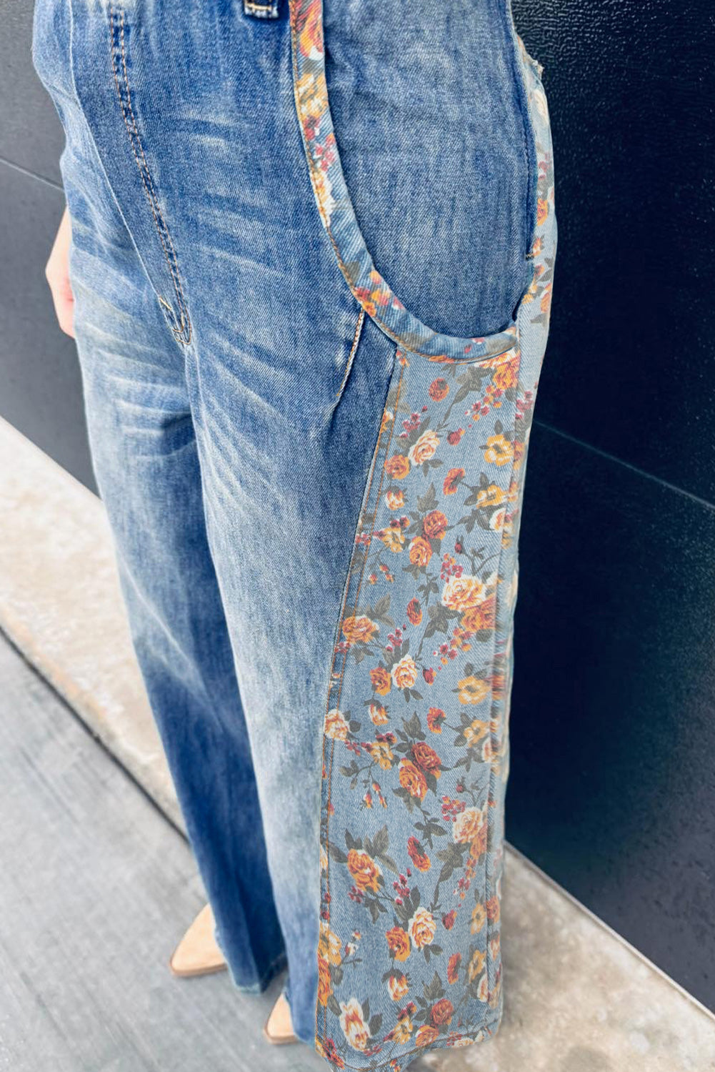 Peacock Blue Floral Patchwork Bib Denim Wide Leg Overalls