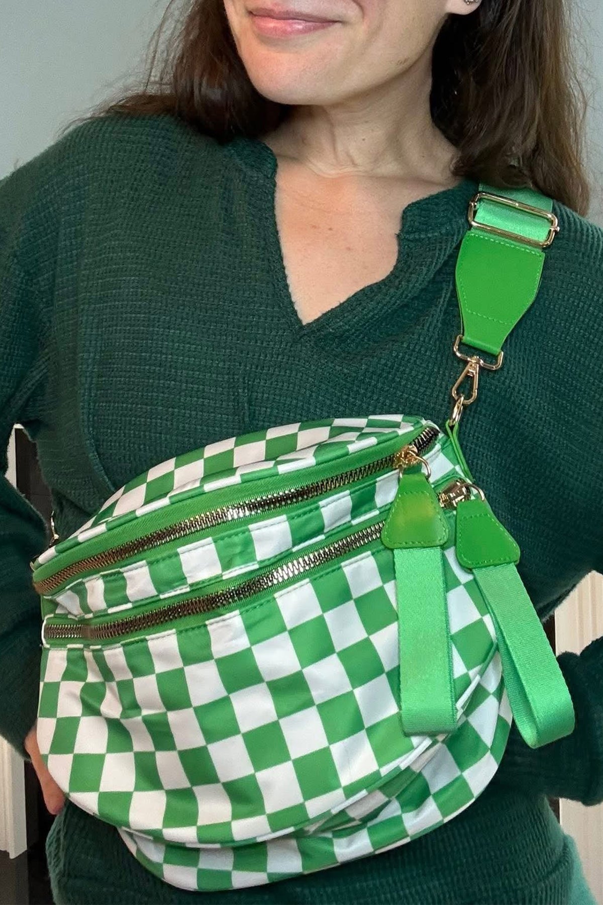 Green Checkered Print Wide Strap Large Crossbody Bag