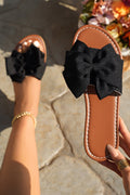 Black Bow Knot Decor PU Leather Insole Flat Slippers