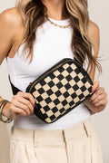 Black Faux Leather Checkered Patchwork Crossbody Waist Bag