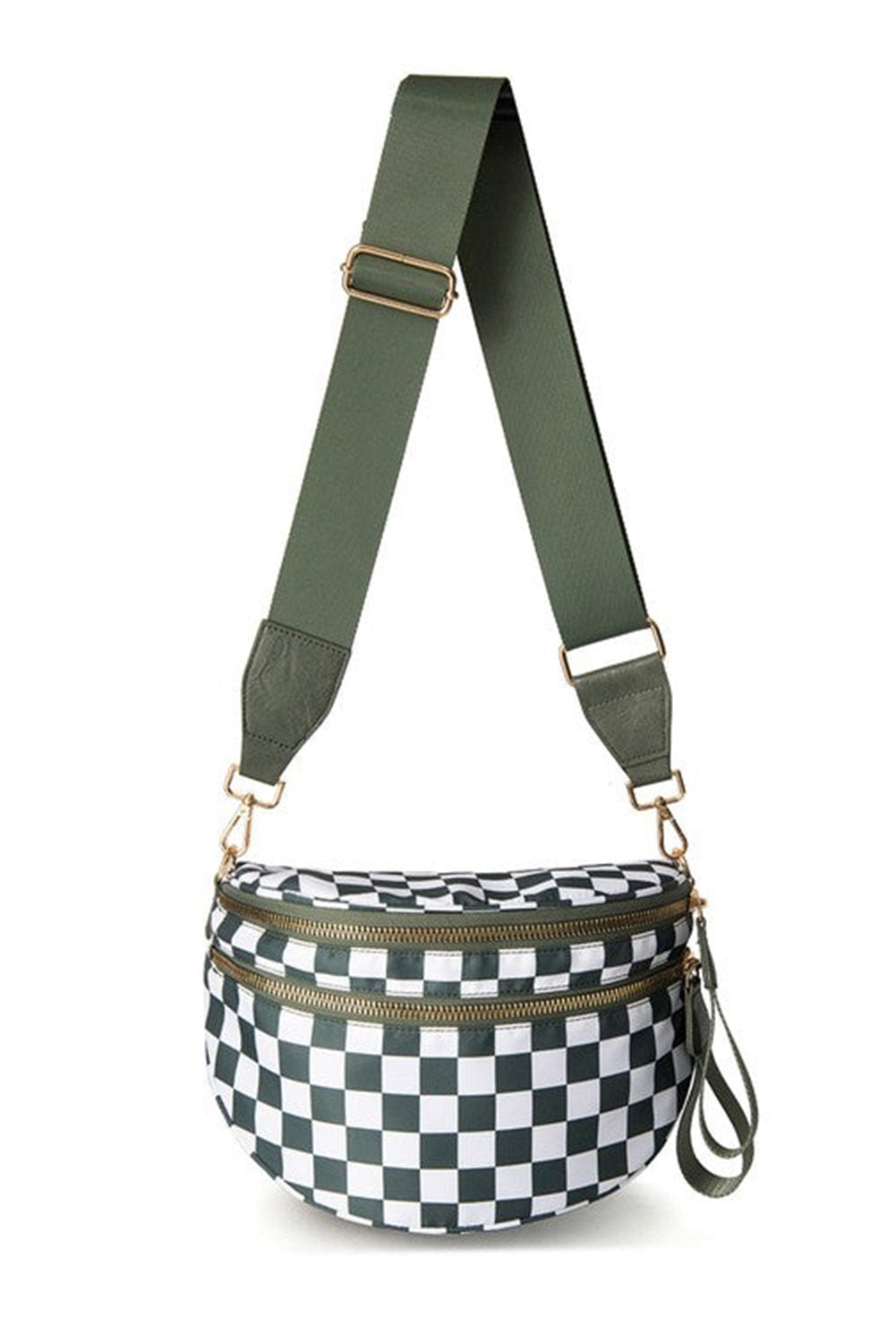 Green Checkered Print Wide Strap Large Crossbody Bag