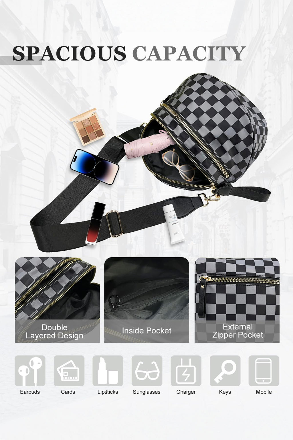 Green Checkered Print Wide Strap Large Crossbody Bag
