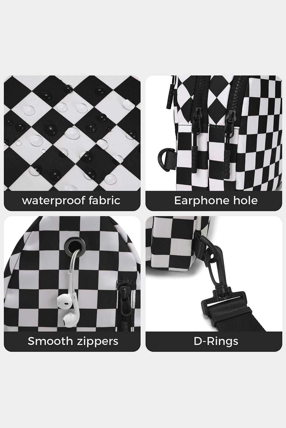 Black Checkered Print Zip Front Sling Backpack Crossbody Bag