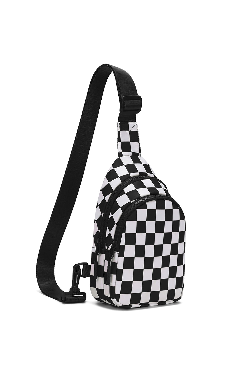 Black Checkered Print Zip Front Sling Backpack Crossbody Bag