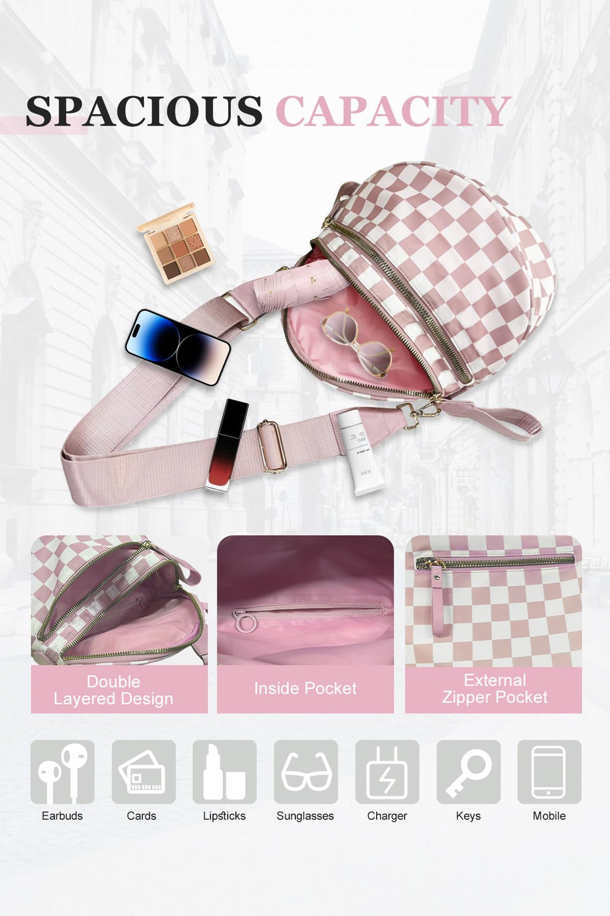 Green Checkered Print Wide Strap Large Crossbody Bag