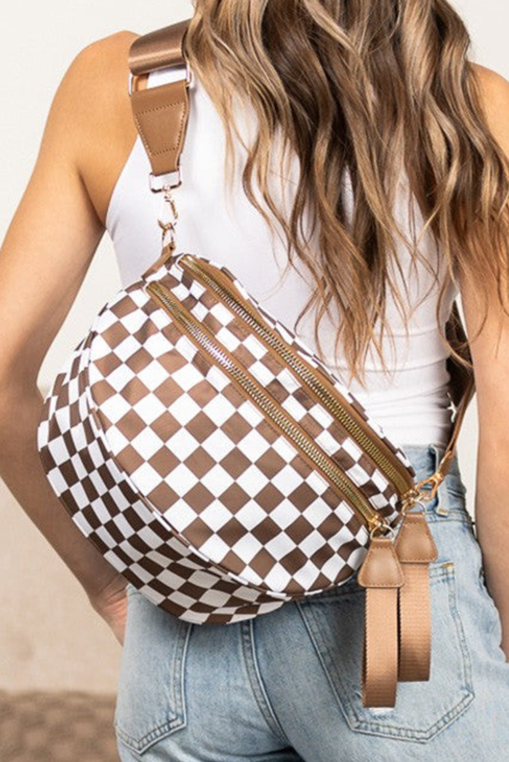 Green Checkered Print Wide Strap Large Crossbody Bag