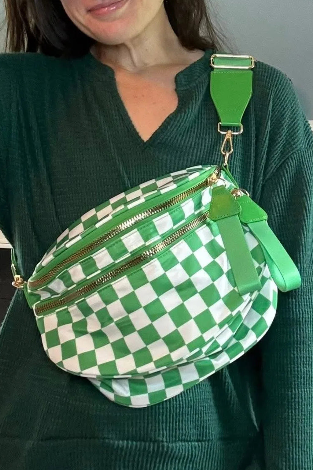 Green Checkered Print Wide Strap Large Crossbody Bag