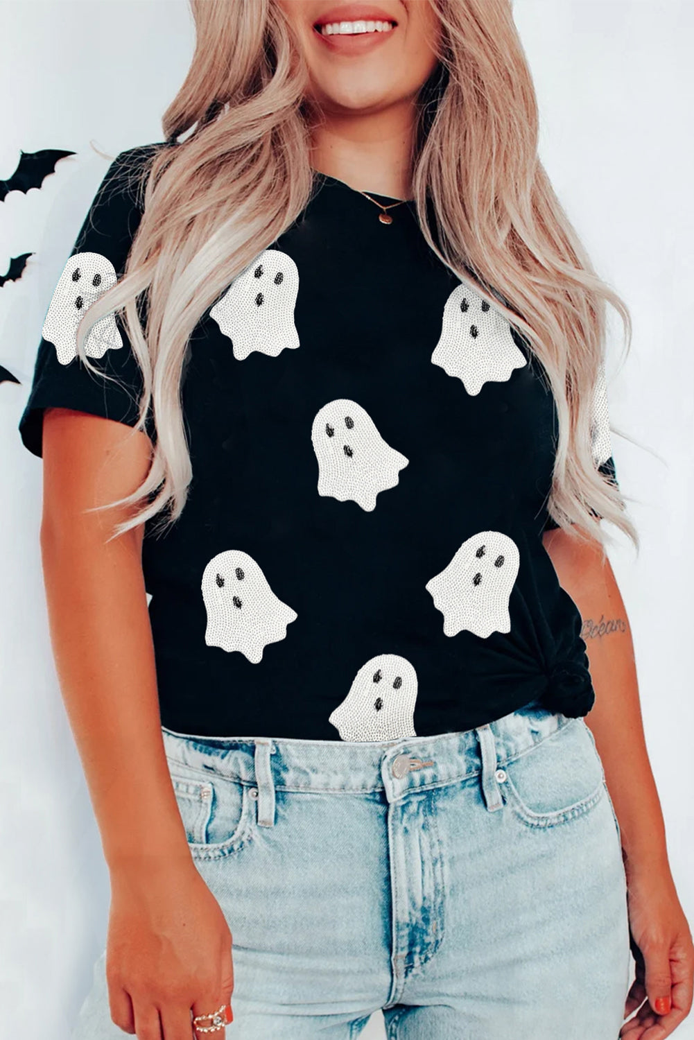 Sachet Pink Sequin Halloween Ghost Patched Casual T Shirt