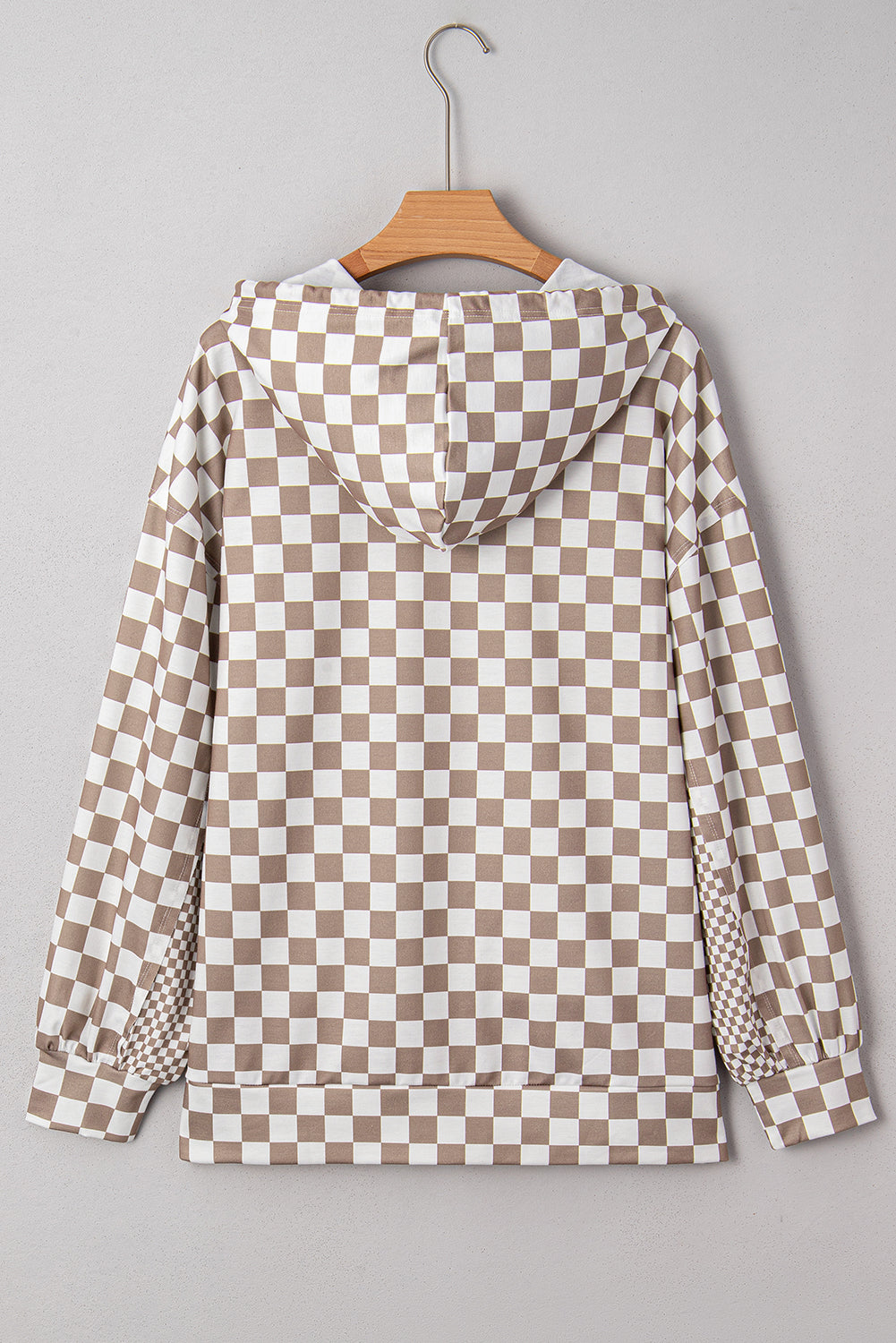 Khaki Double Checkered Patchwork Tie Neck Oversize Hoodie
