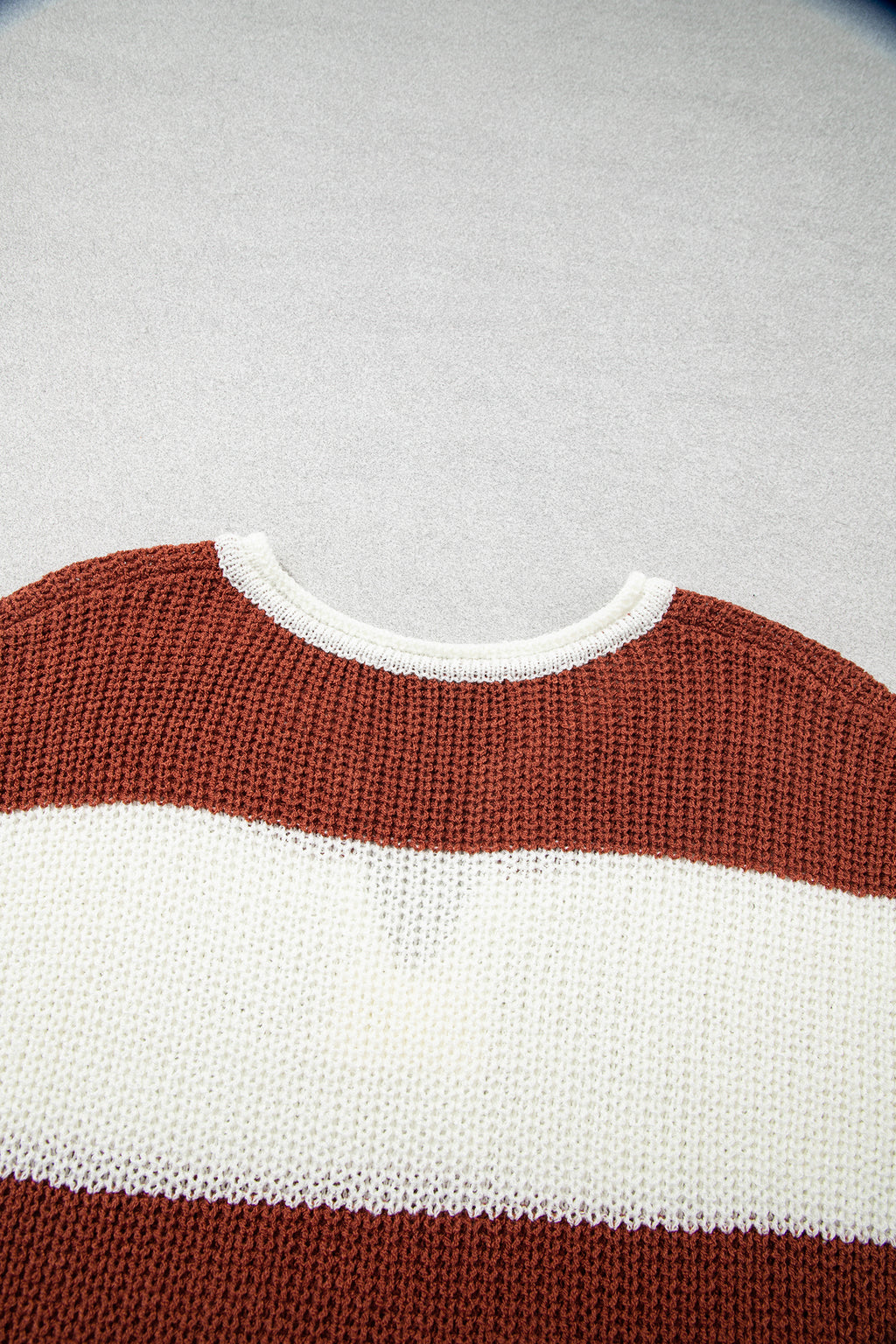 Blue Stripe Striped Colorblock Knit V Neck Short Sleeve Loose Sweater