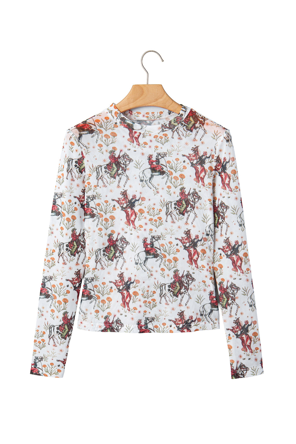 Brown Western Cowboy Floral Print Sheer Mesh Long Sleeve Top