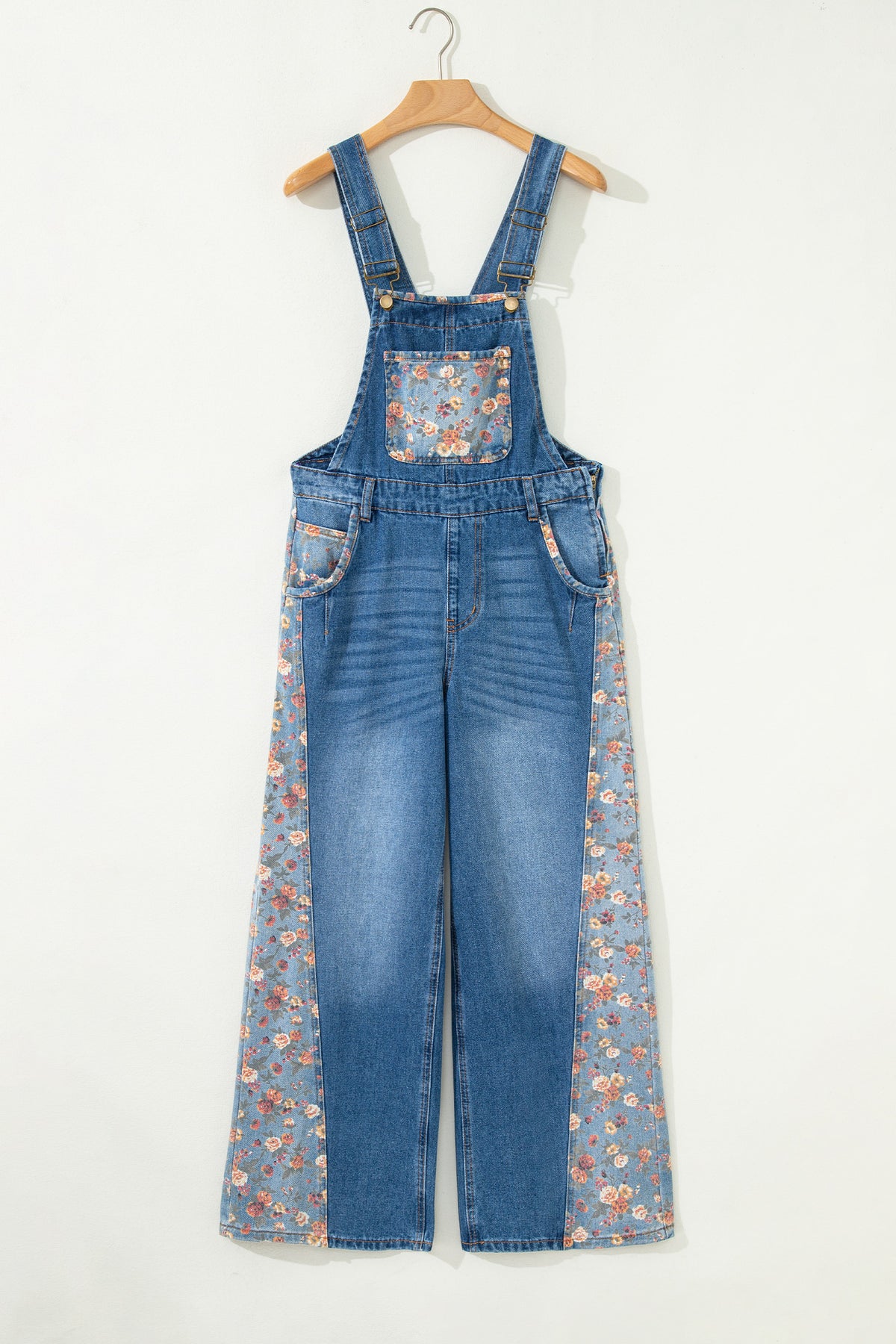 Peacock Blue Floral Patchwork Bib Denim Wide Leg Overalls