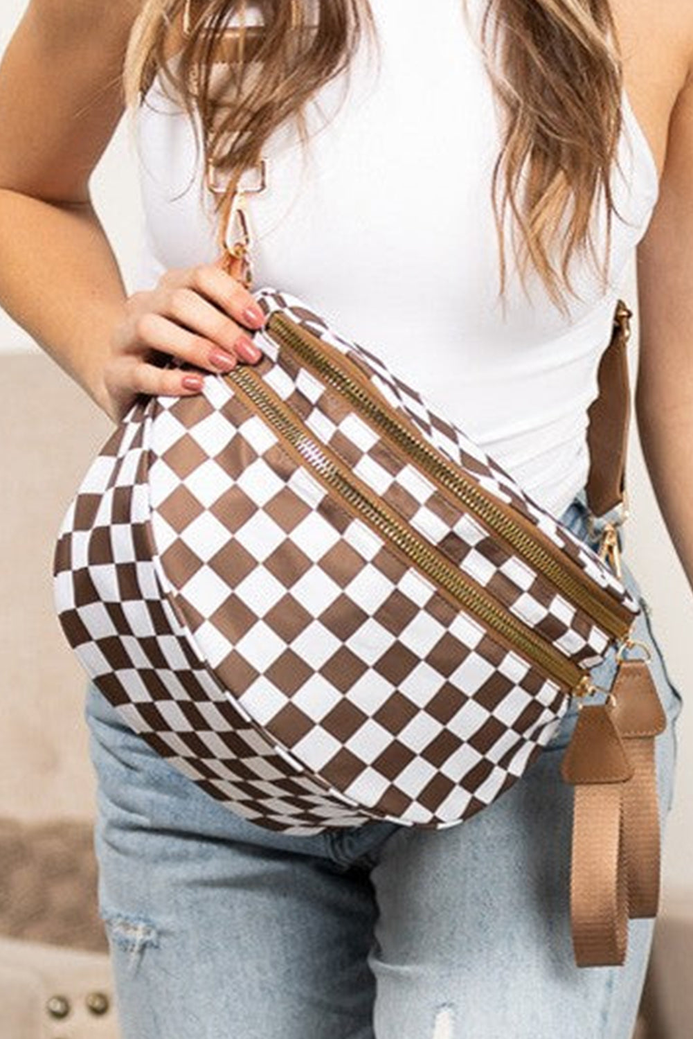 Green Checkered Print Wide Strap Large Crossbody Bag