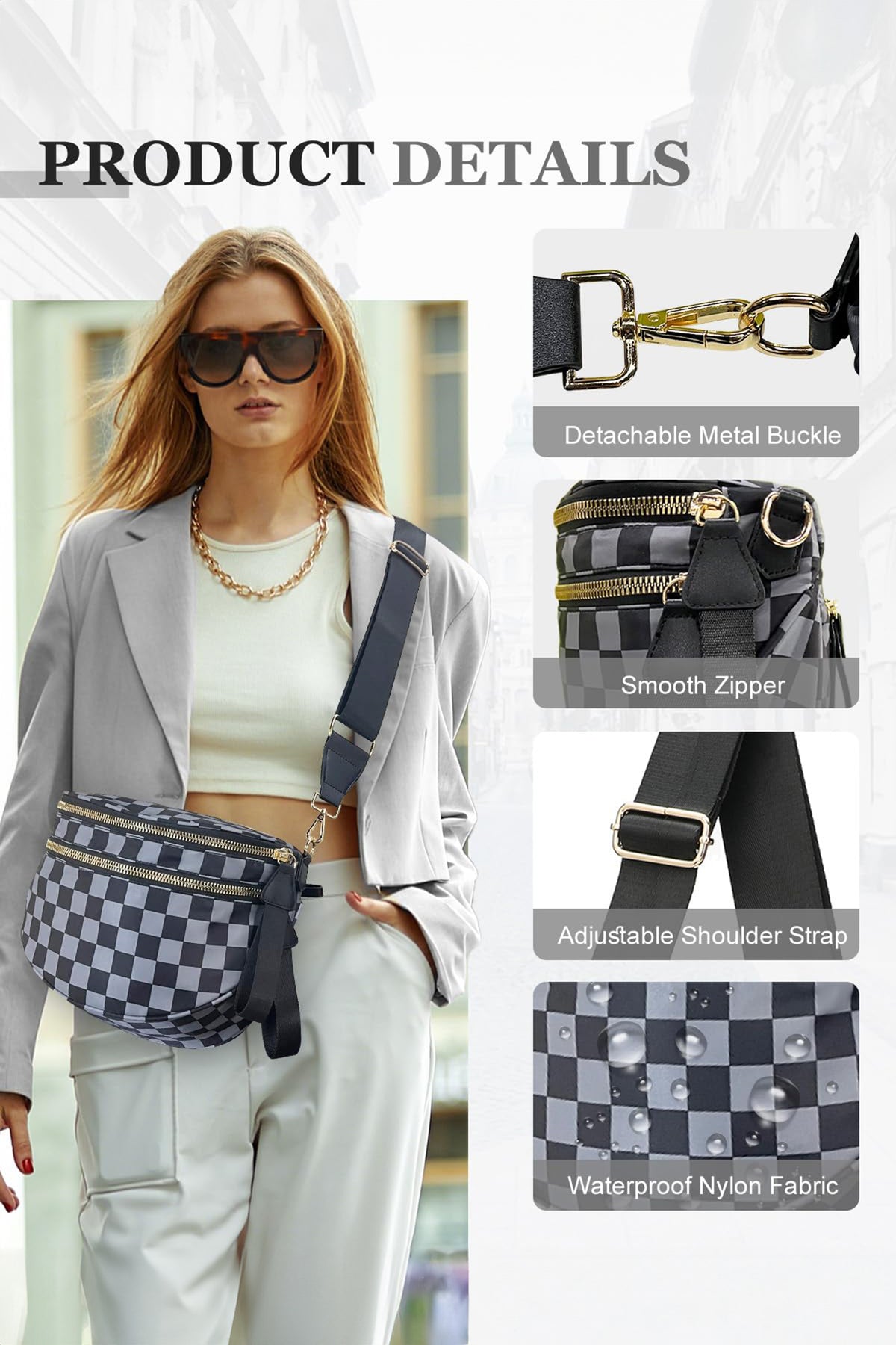 Green Checkered Print Wide Strap Large Crossbody Bag