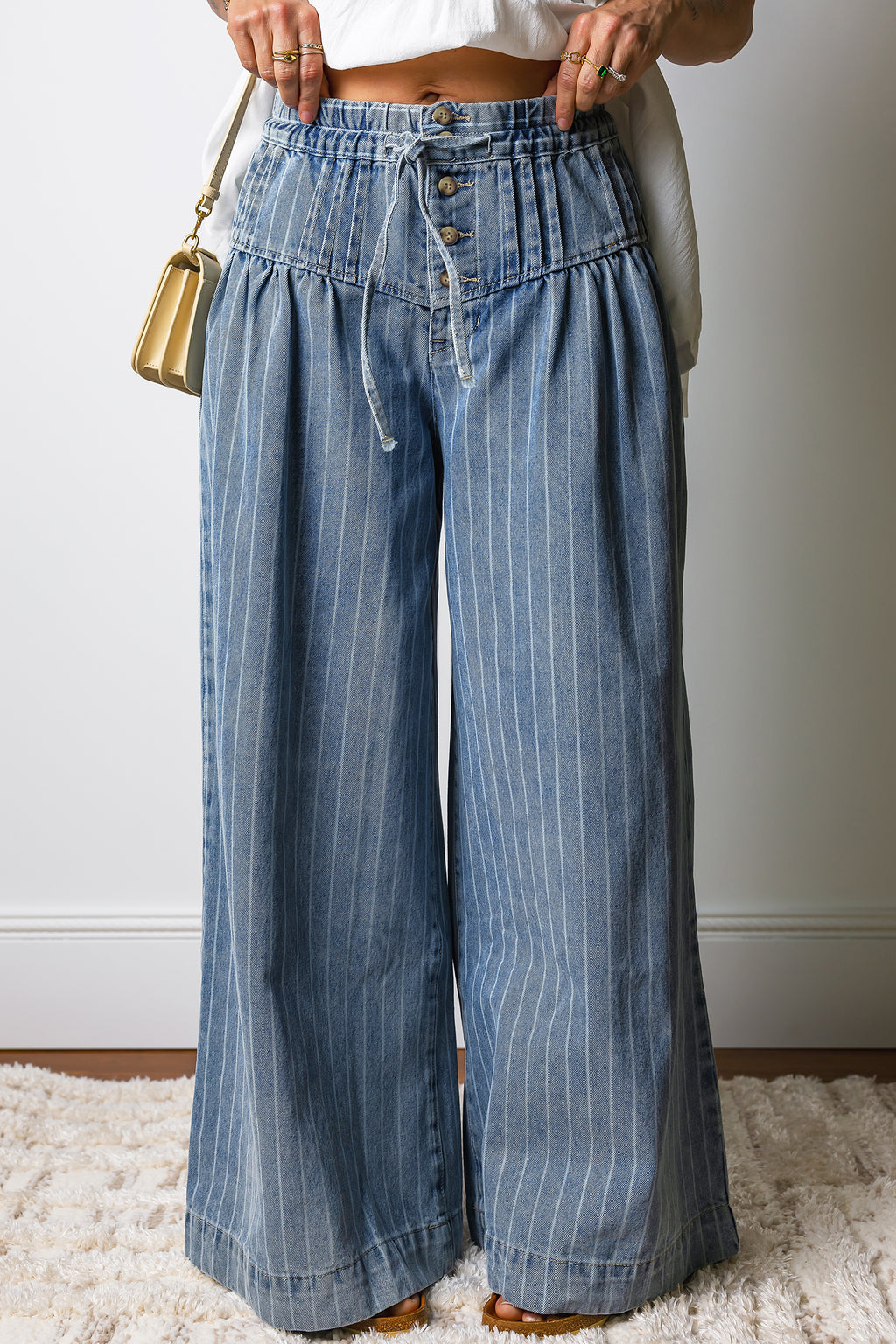 Sky Blue Stripe Button Pleated Drawstring Waist Casual Wide Leg Jeans