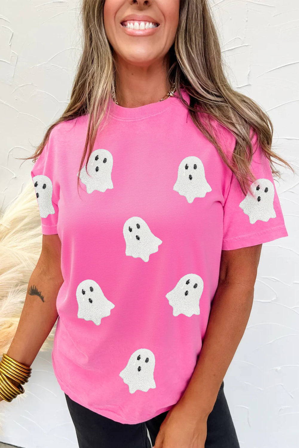 Sachet Pink Sequin Halloween Ghost Patched Casual T Shirt