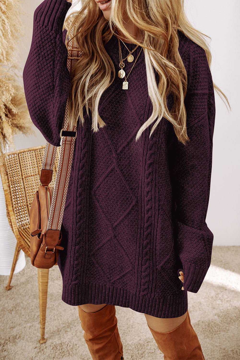 Black Cable Knit Drop Shoulder Loose Fit Sweater Dress