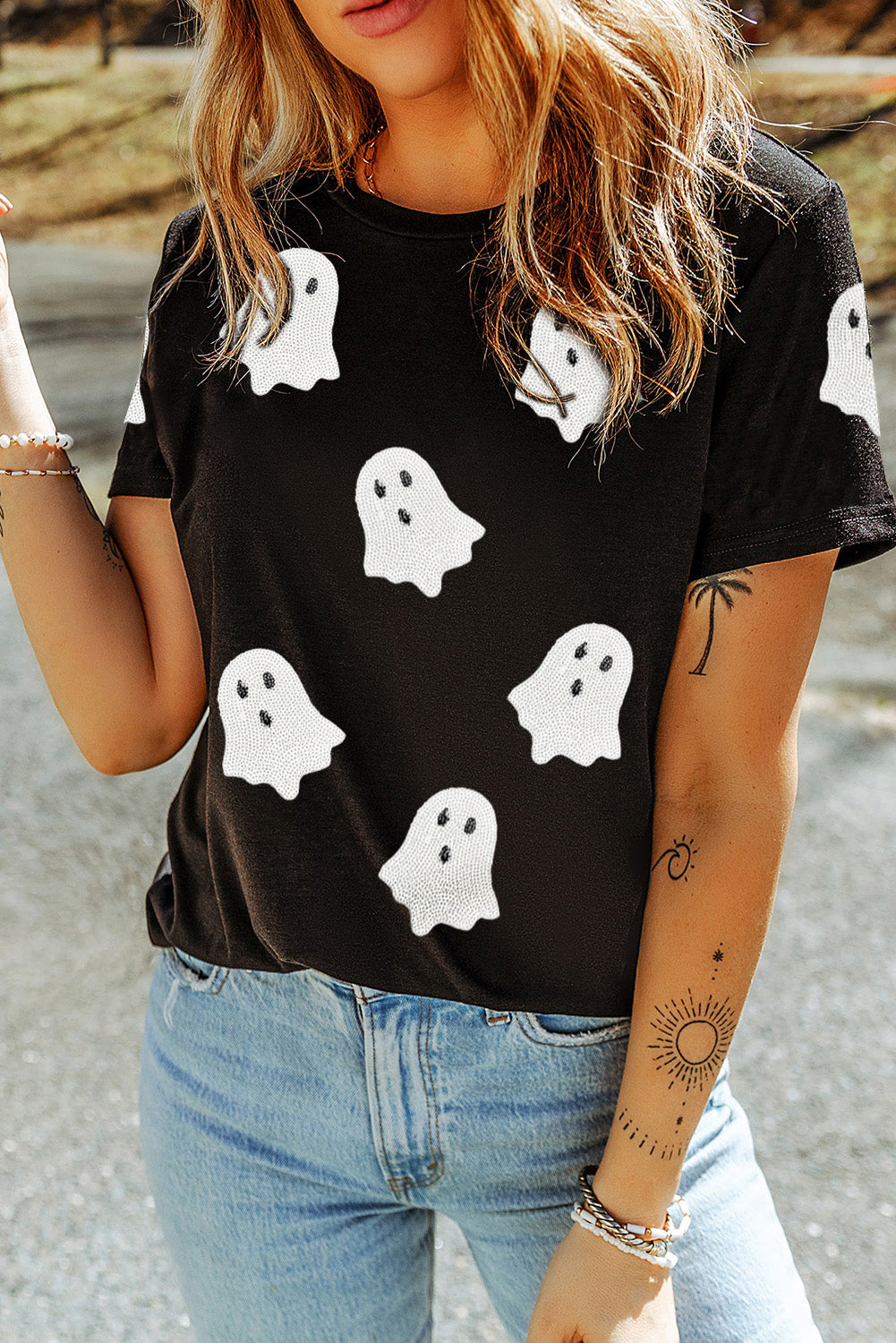 Sachet Pink Sequin Halloween Ghost Patched Casual T Shirt