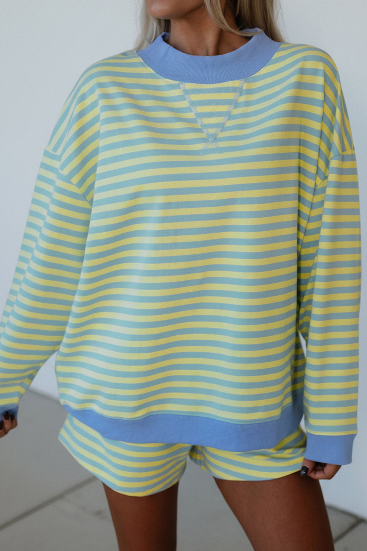 Green Stripe Color Block Detail Long Sleeve Pullover Elastic Waist Pull On Shorts 2pcs Set