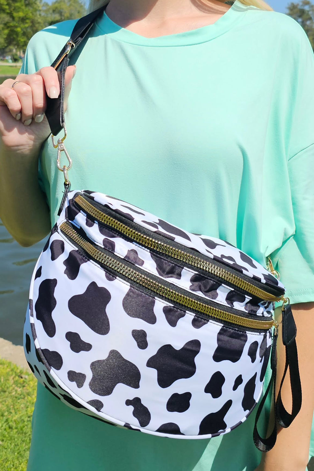 Green Checkered Print Wide Strap Large Crossbody Bag