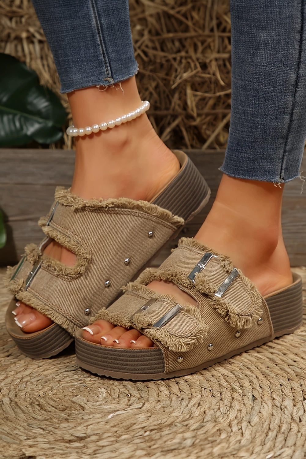 Pale Khaki Double Buckle Straps Hollow Out Frayed Detial Retro Slippers