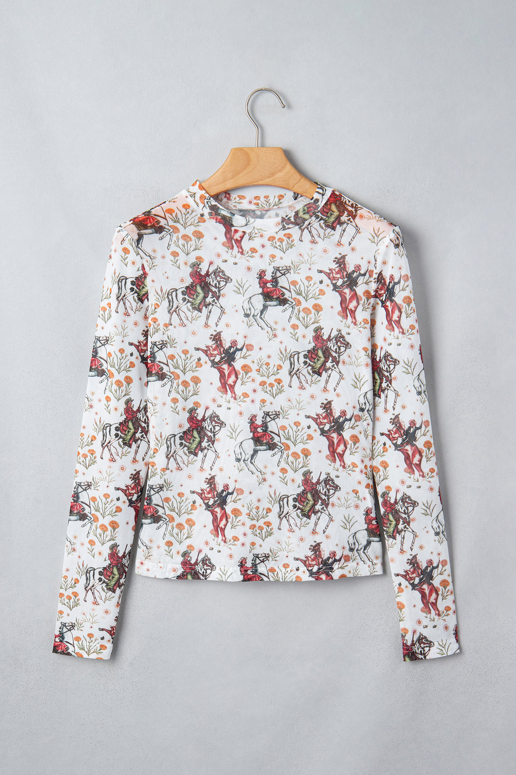 Brown Western Cowboy Floral Print Sheer Mesh Long Sleeve Top