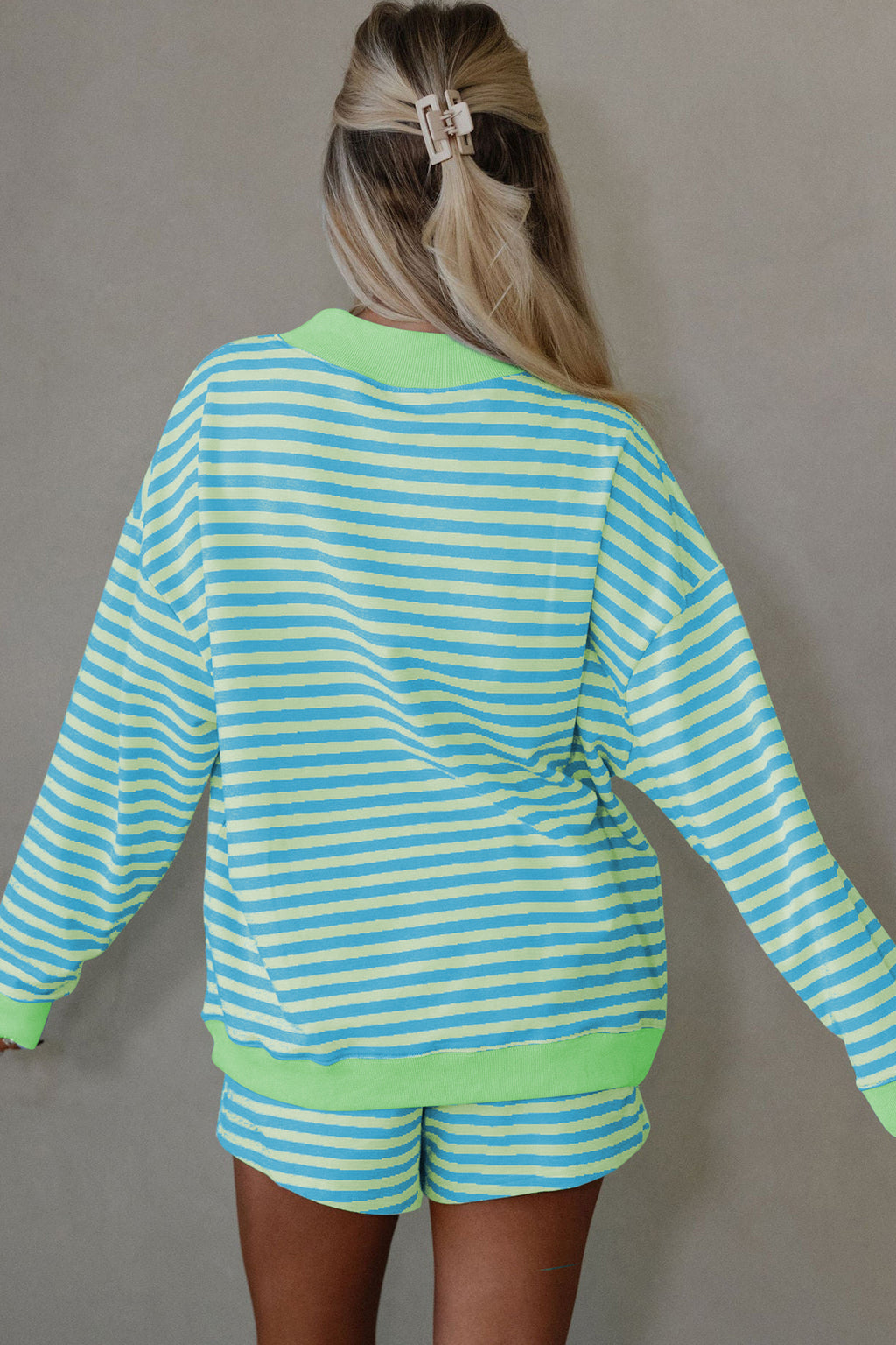 Green Stripe Color Block Detail Long Sleeve Pullover Elastic Waist Pull On Shorts 2pcs Set
