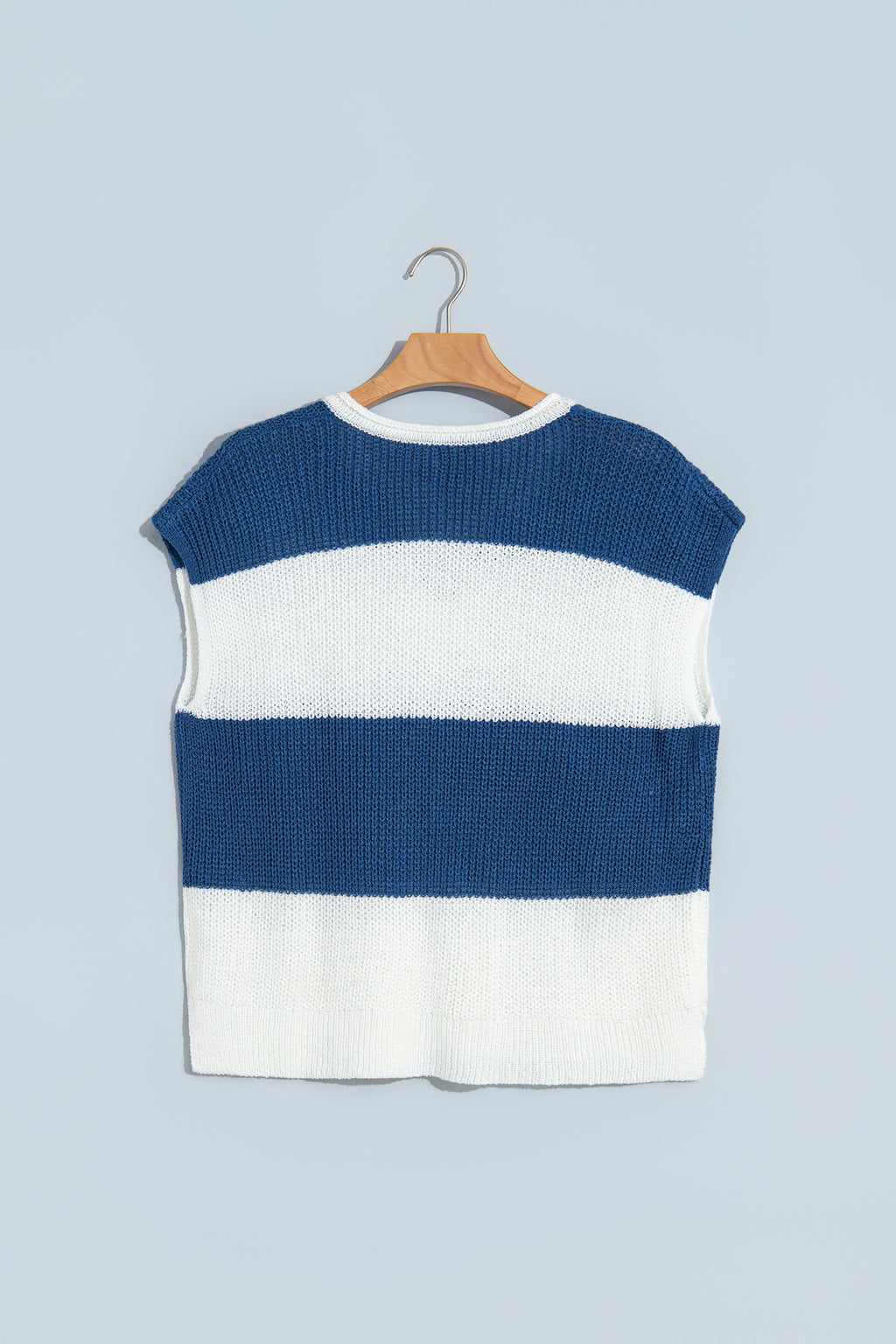 Blue Stripe Striped Colorblock Knit V Neck Short Sleeve Loose Sweater