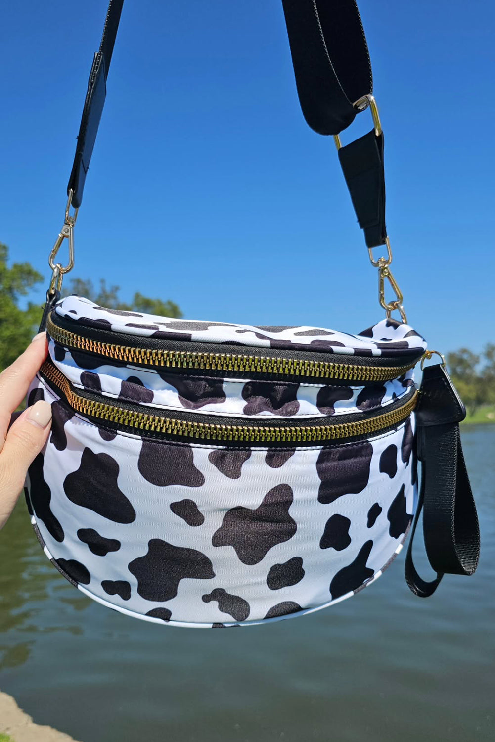 Green Checkered Print Wide Strap Large Crossbody Bag