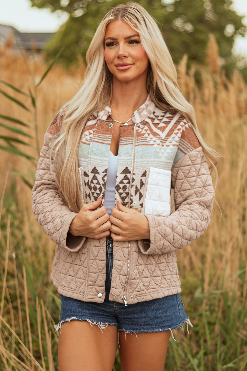 Light French Beige Aztec Quilted Patchwork Western Fashion Jacket