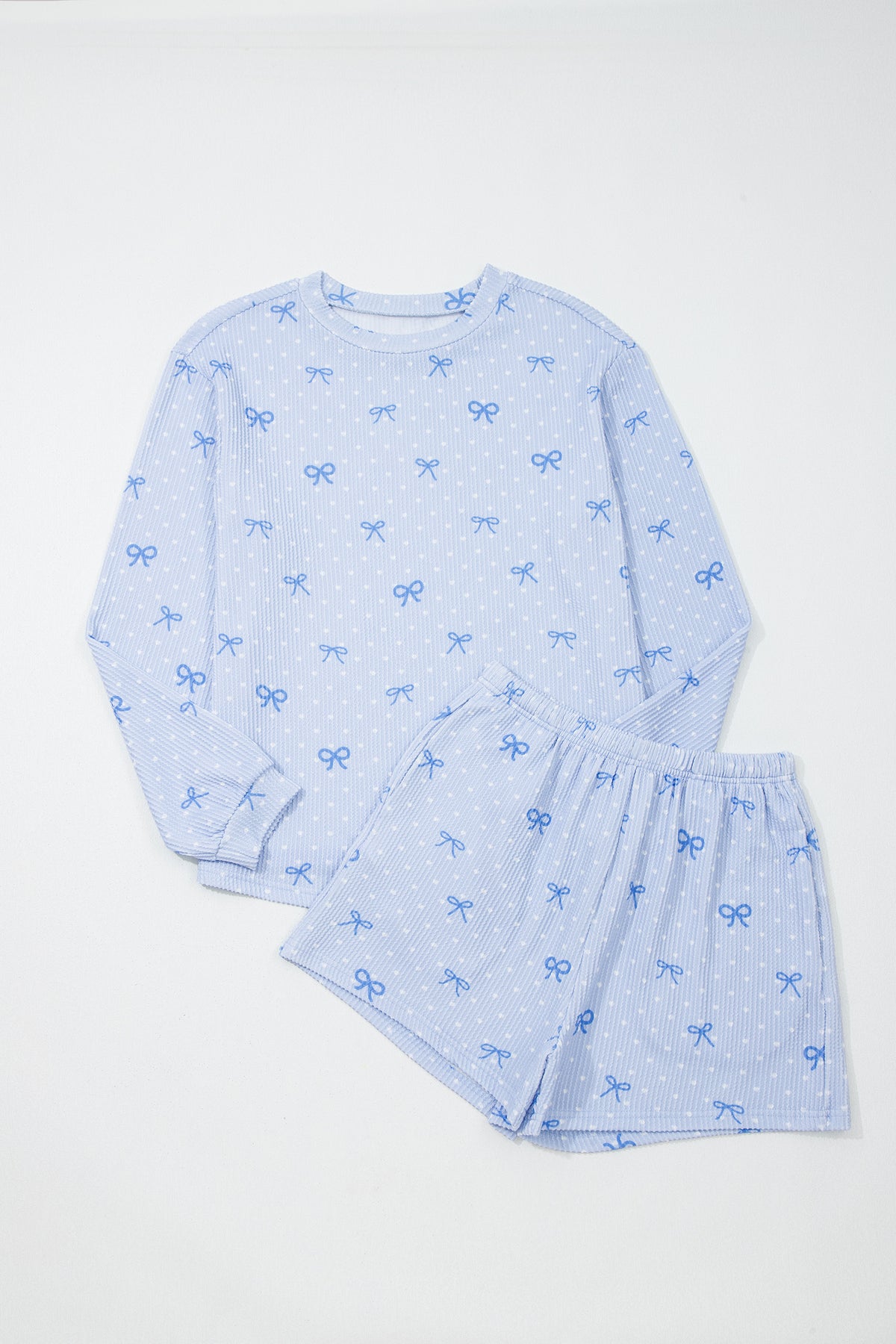 Sky Blue Valentines Bow Print Twisted Rib Loose Long Sleeve Top 2pcs Short Set