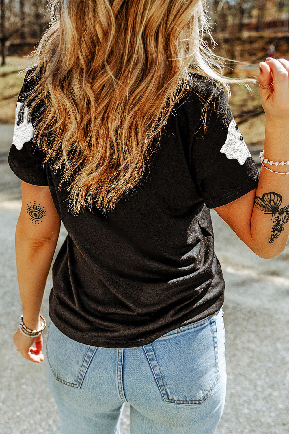 Sachet Pink Sequin Halloween Ghost Patched Casual T Shirt