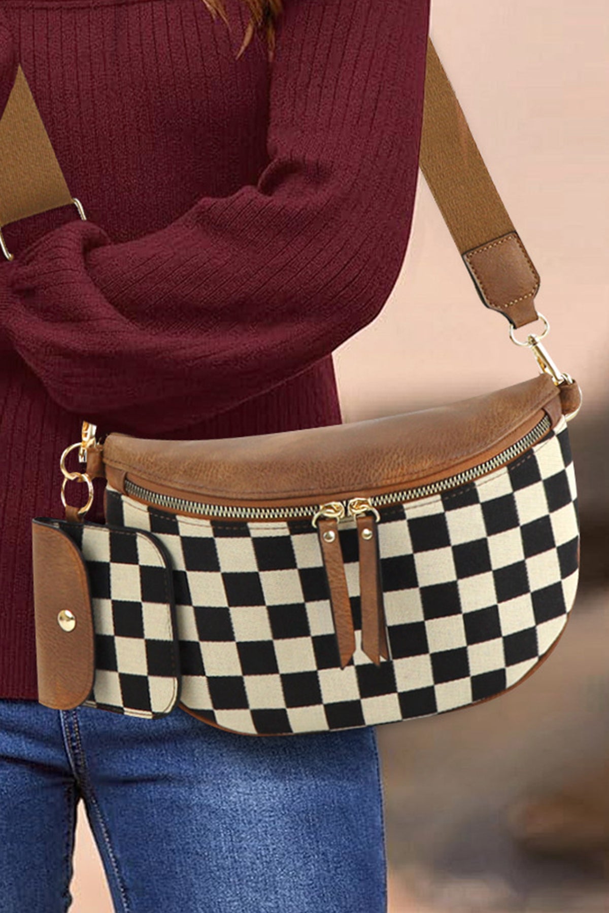 Coffee PU Leather Checkered Knit Patchwork Wallet Attached Shoulder Bag