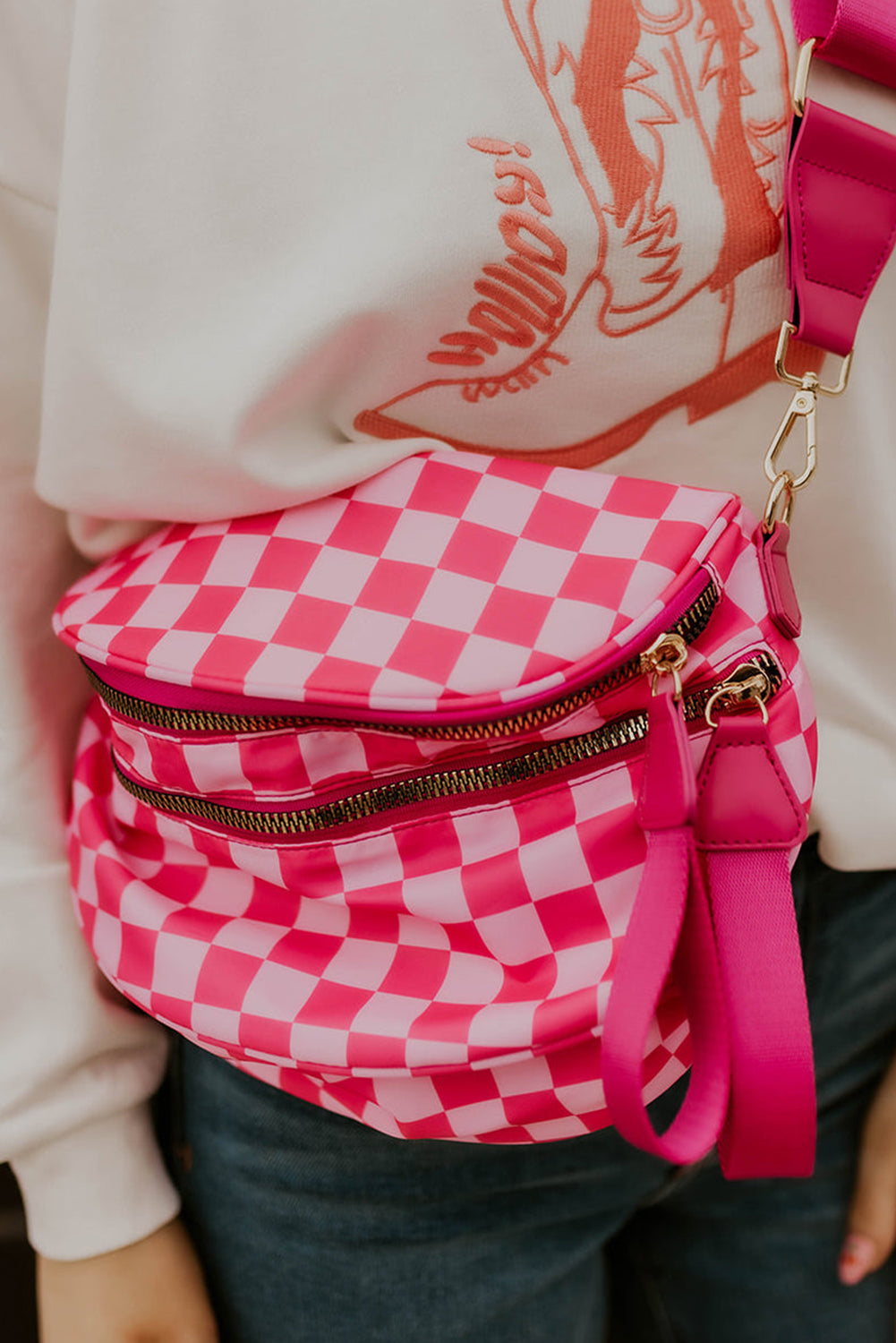 Green Checkered Print Wide Strap Large Crossbody Bag