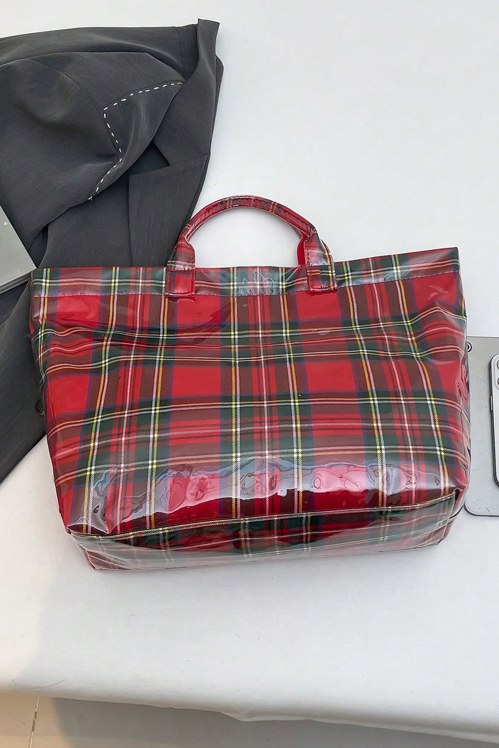 Color black Plaid Pattern PVC Glossy Waterproof Tote Bag