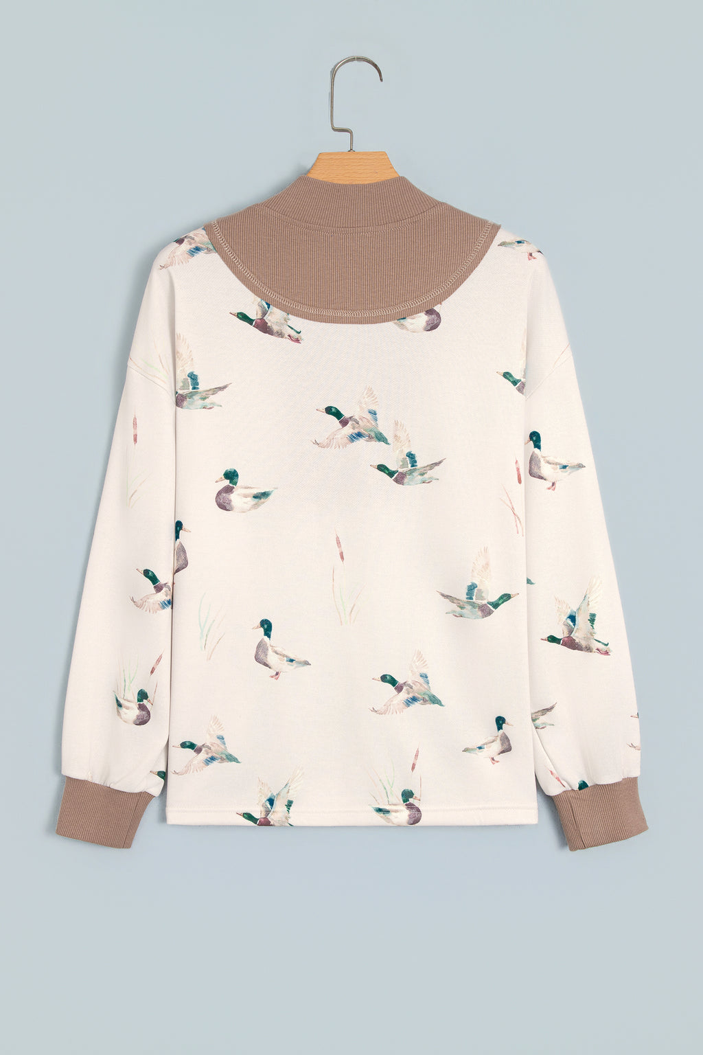 Beige Wild Mallard Print Color Block Patchwork Zip Neck Tunic Top