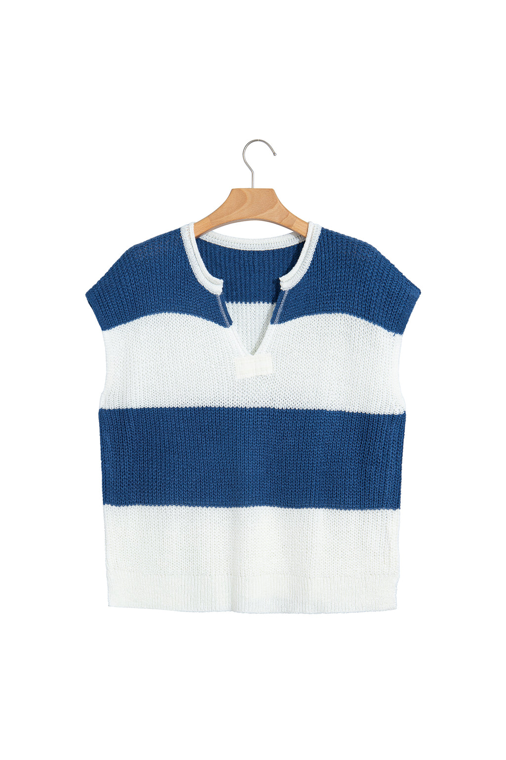 Blue Stripe Striped Colorblock Knit V Neck Short Sleeve Loose Sweater